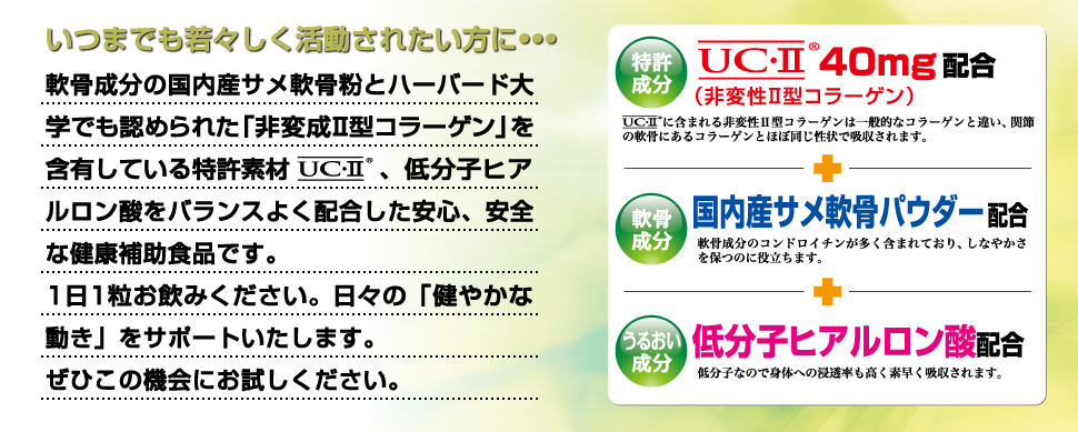 ハーバード大学でも認められた、新素材！特許素材『UC-Ⅱ』と、国内産サメ軟骨パウダーと、低分子ヒアルロン酸が日々の動きをサポート！